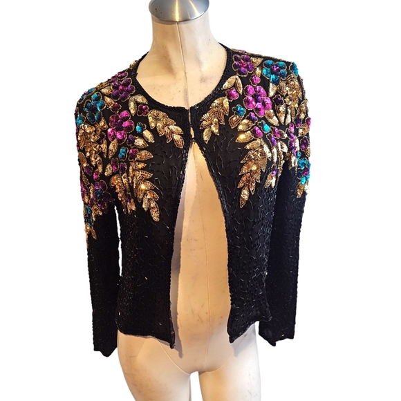 Vintage Size M Embellished Black Jacket with Floral Accents Sequin Beaded - Picture 1 of 11